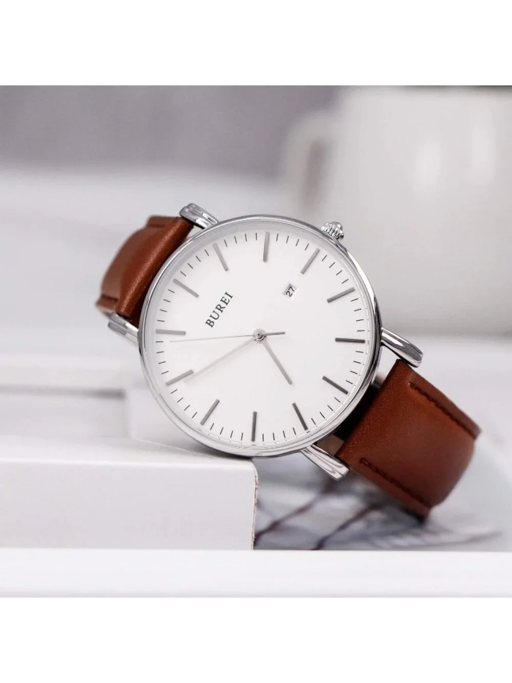 Mens Silver And Brown Band Strap Minimalist Analog Quartz Waterproof Wrist Watch